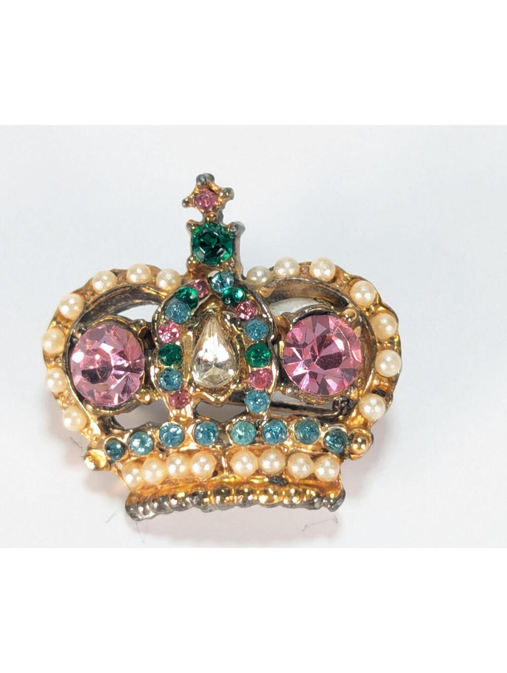 VTG Crown Brooch Multicolor Rhinestone Faux Pearl Royal Coronation Pin Unsigned
